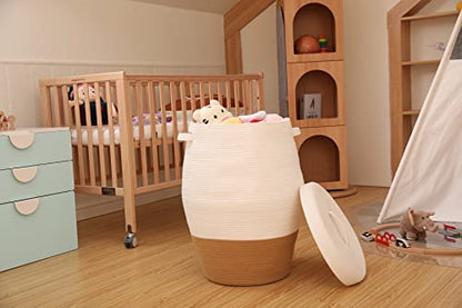 26"x20" Handcrafted Tall Cotton Rope Basket with Lid, Stylish Flagon Shape with Cover, Clothes Hamper with Top, for Bedroom and Living Room, White/Camel Bottom - color: White/Camel Bottom, size: 26"x20"