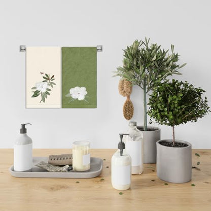 JarThenaAMCS 2 Pack Magnolia Hand Towels Nude Sage Green Flower Embroidered Cotton Dish Towel for Bathroom Hand Drying Kitchen Cleaning, 29.5 x 13.7 Inch