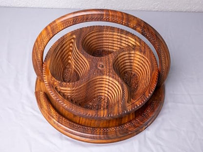 Handmade 14″ Collapsible Wooden Basket, 4-Compartment Paisley Design in Himalayan Rosewood – Fruit Basket, Bread Bowl & Trivet – Folds Flat for Easy Storage – Unique Centerpiece & Gift