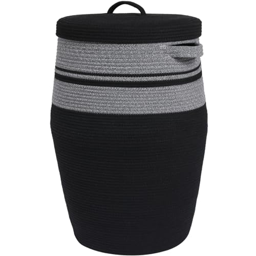 26"x20" Extra Large Tall Woven Laundry Basket with Lid, Cotton Rope Blanket Storage Basket, Freestanding Decorative Bin for Bedroom Living Room, Grey & Black Mix - color: Grey Mix/Black, size: 26"x20"