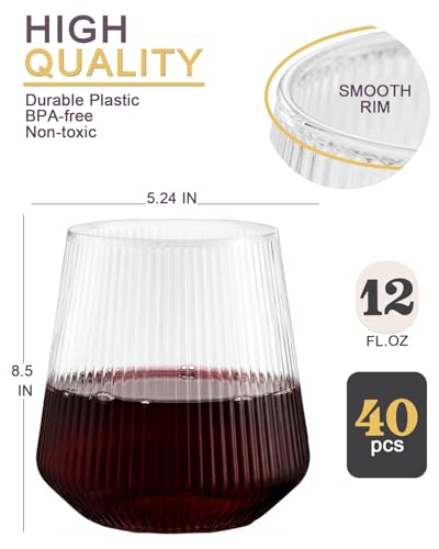 40 Pack Plastic Wine Glasses, 12 Oz Disposable Cocktail Whiskey Glasses | Ribbed Stemless Champagne Margarita Glasses, Clear Unbreakable Reusable Plastic Cups for Party Wedding Birthday - color: Ripple-40 Pack