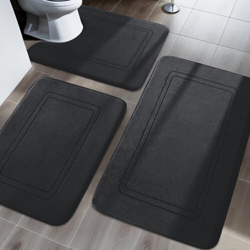 Memory Foam Bath Mat Set, Non Slip Bath Mats for Bathroom, Super Soft and Water Absorbent, Machine Washable U Shape Toilet Mats, Black - color: Black, size: 3pieces