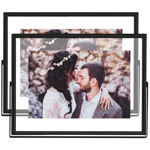 4x6 Floating Picture Frames Set of 2, Made of Metal and Double Real Glass, for Photo Size up to 6x8, Tabletop Display Home or Wedding Decoration (Horizontal Black) - color: Black (Horizontal), size: 6x8 for 4x6 (2 Pcs)