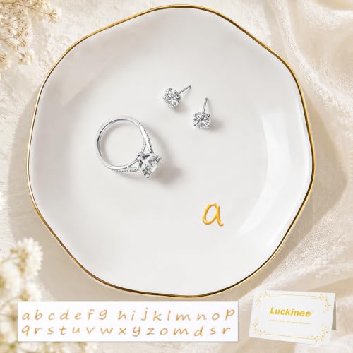 LUCKINEE Ceramic Jewelry Tray Round Ring Dish Trinket Dish Gifts for Women | Personalized Birthday Gifts for Mom Dad,Sisters and Friends,with 1pc Gold Puffy Letter Sticker A-Z, With 1pc Greeting Card - color: DIY Style 1-A-Z