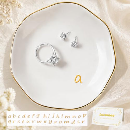 LUCKINEE Ceramic Jewelry Tray Round Ring Dish Trinket Dish Gifts for Women | Personalized Birthday Gifts for Mom Dad,Sisters and Friends,with 1pc Gold Puffy Letter Sticker A-Z, With 1pc Greeting Card - color: DIY Style 1-A-Z