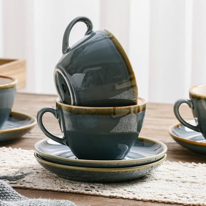 SHUER Ceramic Cappuccino Cup Set of 4, 11.2 OZ Cups and Saucers Set,Coffee Mocha Cup Sets,Black Coffee Cups and Glaze Americano Mug Great for Party and Low Tea Time (Blue 320ml) - size: Large(320ml)