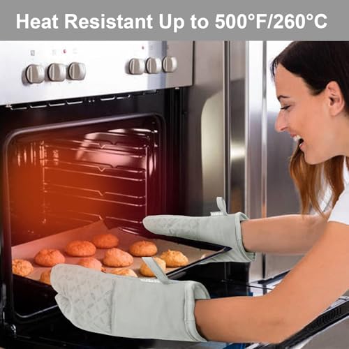 KEGOUU Oven Mitts and Pot Holders 6pcs Set, Kitchen Oven Glove High Heat Resistant 500 Degree Extra Long Oven Mitts and Potholder with Non-Slip Silicone Surface for Cooking （Greenish Gary） - color: Greenish Gary