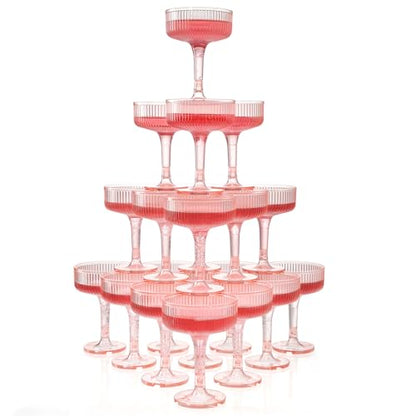 Goodluck 4-Tier Champagne Glasses - 20 PCS 7oz Pink Plastic Champagne Flute | Plastic Coupe Glasses with Vertical Stripes for Weddings, Celebrations, Parties & Birthdays - color: Pink