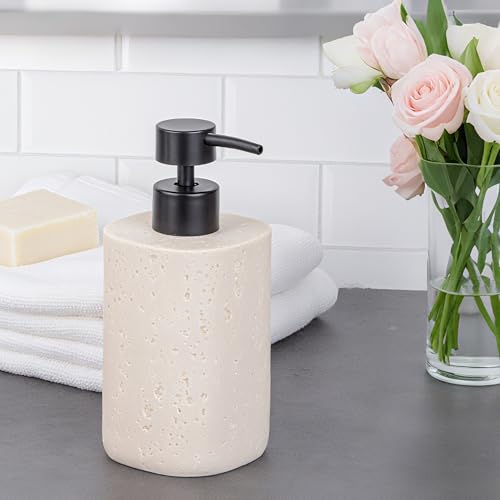 Clasin Home 2 Pack Beige Resin Soap Dispensers, Refillable Liquid Lotion Dispenser Bottles with Travertine-Look for Bathroom and Kitchen Countertop, Modern Stone Texture (10.8 oz) - color: Beige