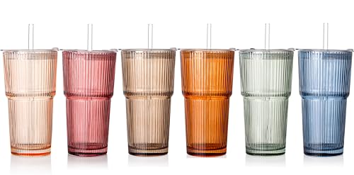 6PCS Ribbed Glass Cups with Lids and Straws, 20oz Vintage Drinking Glasses, Aesthetic Iced Coffee Cups, Glass Tumbler for Boba, Beer, Tea, Cocktails, Ribbed Glassware Set (Colored-6) - color: Colored-6