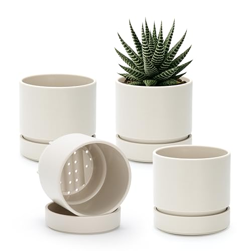 Phoenix Vine 4 Inch Planter Pot with Drainage Hole & Saucer, Deep Water Catch Tray, Straight Cylindrical Round Pot for Plants, Oatmeal, Pack of 4, 23-E-R-4 - color: Oatmeal, size: 4" (4 Pack)