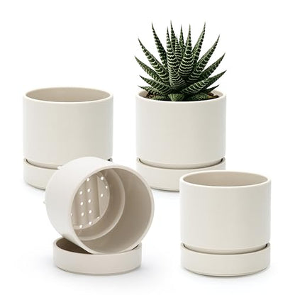 Phoenix Vine 4 Inch Planter Pot with Drainage Hole & Saucer, Deep Water Catch Tray, Straight Cylindrical Round Pot for Plants, Oatmeal, Pack of 4, 23-E-R-4 - color: Oatmeal, size: 4" (4 Pack)
