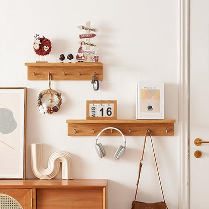 Oak Wood Coat Rack Wall Mount With Shelf 27.5 Inch Long, Entryway Floating Shelf With 6 Hooks for Bathroom, Hallway, Living Room - size: 27.5 Inch