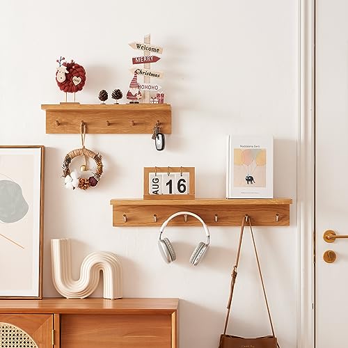 Oak Wood Coat Rack Wall Mount With Shelf 20 Inch Long, 5 Hooks, Floating Entryway Wall Shelf for Bathroom, Hallway, Living Room - size: 20 Inch