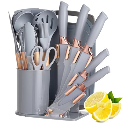 Kitchen Cooking Utensils and Knife Set with Block, 19 Pieces Cooks Cutting Set 11 Silicone Utensils Tool 5 Pcs Sharp Stainless Steel Chef Knives Scissors Whisk Tongs and Cutting Board (Grey) - color: Gray