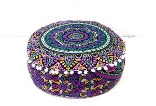 CRAFT KALA Large Hippie Mandala Meditation Floor Ottoman Pillow Cushion Pouf Cover Square Poufs Bohemian Circle Floor Cushion Case Outdoor Fireplace Yoga Living Room Decor Cover New Pink, 16" Round - color: New Pink, size: 16"D x 16"W x 5"H