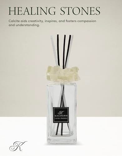 KALIFANO Luxury Glass and Calcite Crystal Diffuser with Decorative Selenite Reeds - Premium Fragrance/Aroma Diffuser Bottle with Healing Effects (Essential Oils Not Included) - color: Calcite