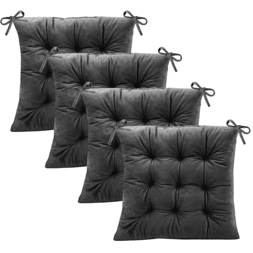 4 Pack Square Seat Cushion Chair Pads for Kitchen Dining Chairs, Soft Comfort Velvet Chair Mat Pillow Cushions with Ties for Office Desk Living Room Tatami 15.5", Dark Gray - color: Dark Gray, size: 4Pack