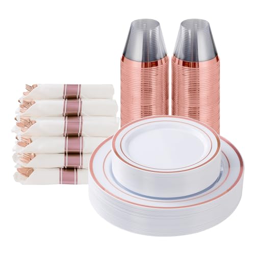 175 Piece Rose Gold Plastic Dinnerware Set for 25 Guests | Disposable Dinnerware Includes: 25 Dinner Plates, 25 Dessert Plates, 25 Pre Rolled Napkins with Silverware, 25 Cups - color: Rose Gold, style: 175 Piece (25 guests)