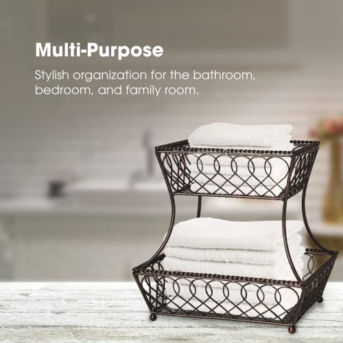 Gourmet Basics by Mikasa Loop and Lattice 2-Tier Rectangular Metal Countertop Basket, 14.25 x 12 Inches, Antique Black Finish, Kitchen Fruit and Bread Storage Organizer - style: Basket