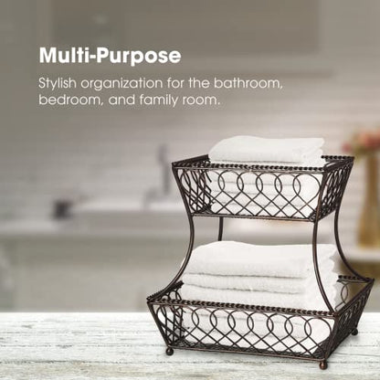Gourmet Basics by Mikasa Loop and Lattice 2-Tier Rectangular Metal Countertop Basket, 14.25 x 12 Inches, Antique Black Finish, Kitchen Fruit and Bread Storage Organizer - style: Basket