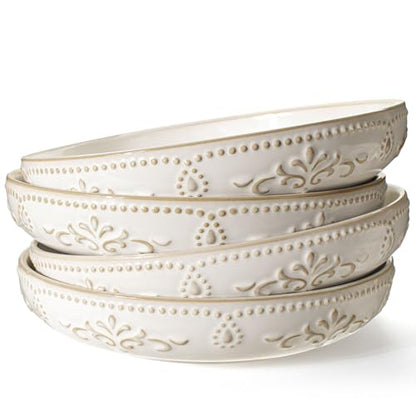 Pasta Bowls, 50oz Large Salad Serving Bowls, 9.75'' Plates Bowl Set of 4, Big White Ceramic Soup Bowl for Kitchen, Embossment Shallow Dinner Bowl, Microwave Dishwasher Safe, Damask Floral - color: White (Damask Floral)
