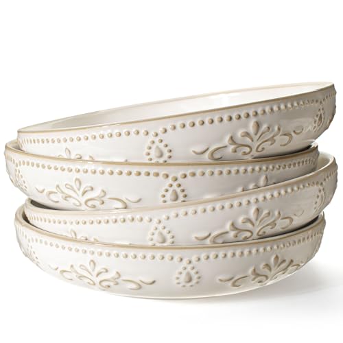 Pasta Bowls, 50oz Large Salad Serving Bowls, 9.75'' Plates Bowl Set of 4, Big White Ceramic Soup Bowl for Kitchen, Embossment Shallow Dinner Bowl, Microwave Dishwasher Safe, Damask Floral - color: White (Damask Floral)
