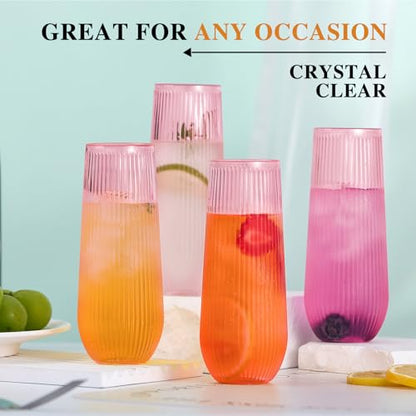 Lueumxc 48 Pack Plastic Ribbed Champagne Flutes, 9 Oz Stemless Disposable Pink Clear Plastic Toasting Glasses Shatterproof Recyclable and BPA-Free Perfect For Wedding