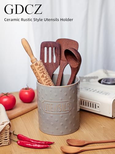 GDCZ Ceramic Utensil Holder 7 Inch, Utensil Crock for Countertop (Grey) | Large 7" Capacity, Sturdy Countertop Tool Organizer, Durable Ceramic, Embossed Utensils - color: Grey