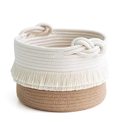 Small Woven Rope Baby Basket with Tassel, 9.5" x 7", Jute | Cute Storage Basket for Baby Shower, Toys & Daily Essentials, Fits Nursery Living Room Decor, with Knotted Handles - color: White & Camel, size: 10L (9.5"W x 7"H)