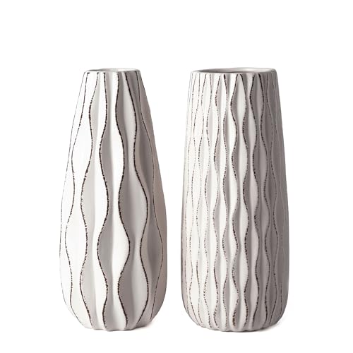 VICTOR & TERESA Ceramic Vase for Flowers, 10'' Set of 2 Decorative White Vases for Home Decor, Farmhouse Vases for Pampas Grass, Table, Mantel, Living Room, Shelf, Centerpieces, Gifts for Mom - color: White, size: Large