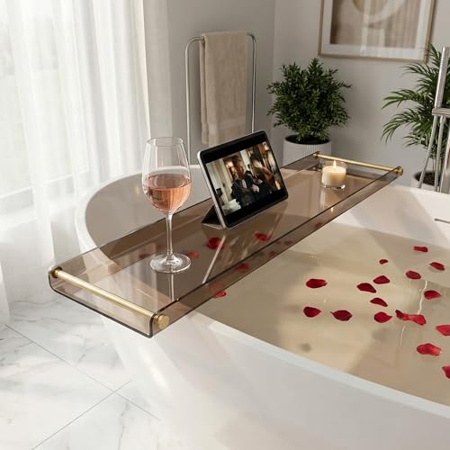 Bathtub Caddy Tray for Luxury Bathroom Bath tub Table Caddy Tray Shelf for Shower with Gold Handles fits All bathtubs - color: Black - With Handle