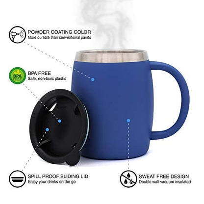CHILLOUT LIFE Stainless Steel Insulated Coffee Mugs Set of 2 (14oz) – Double Wall Coffee Cups With Spill Resistant Lid & Strong Handle – Shatterproof Cups for Cold Drinks & Hot Beverages - color: Navy Blue