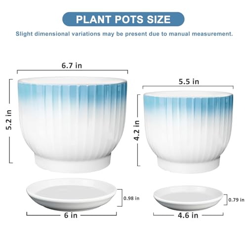 6.7 + 5.5 Inch Ceramic Plant Pots,Planters with Drainage and Saucer,Indoor Pots for Plants,Modern Flower Pots for Home and Office（Blue + White） - color: Blue + White