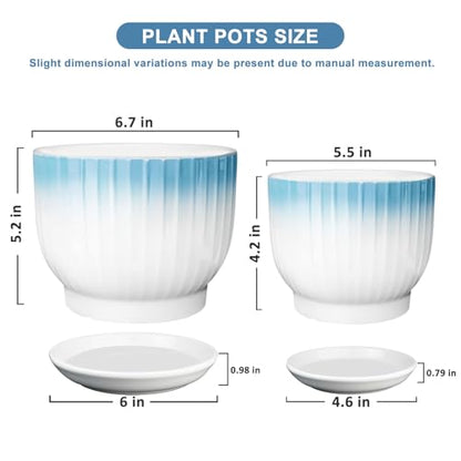 6.7 + 5.5 Inch Ceramic Plant Pots,Planters with Drainage and Saucer,Indoor Pots for Plants,Modern Flower Pots for Home and Office（Blue + White） - color: Blue + White