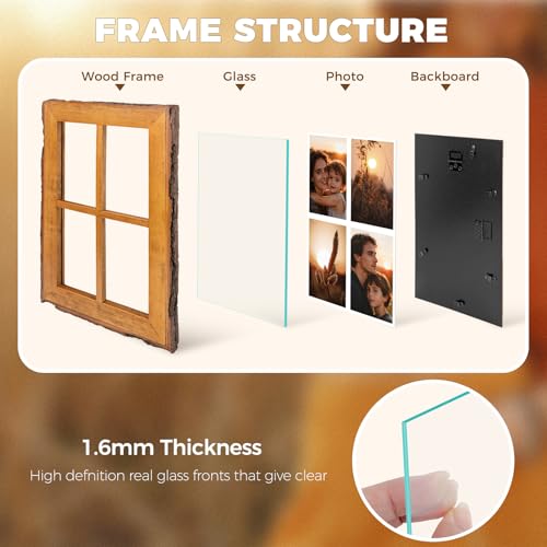 Golden State Art 4x6 Collage Picture Frame,Solid Wood&Real Glass,4 Photos | Multi Picture Frame for (4) 4x6 Photos - Natural Bark Edges Design - Farmhouse Collage Wall Decor - Rustic Brown - size: 4 Openings 4x6