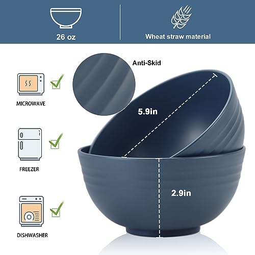 Wheat Straw Bowl Sets,8 PCS Unbreakable Cereal Bowls 26 OZ,Microwave and Dishwasher Safe Bowls,Kitchen Bowl suitable for cereal,salad,snack and soup (Navy Blue) - color: Navy Blue, size: 26 oz