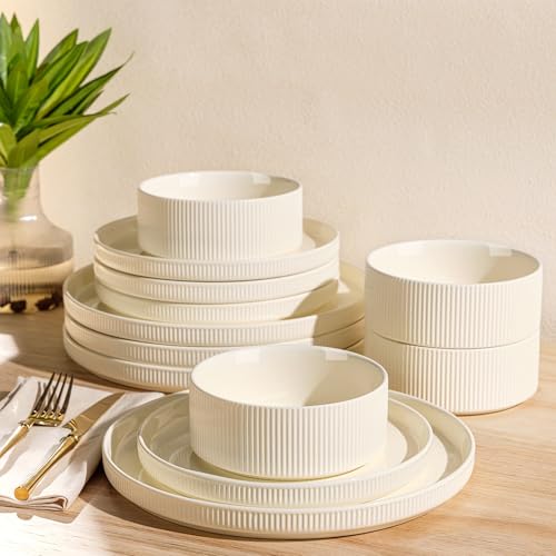 Ceramic Dinnerware Set for 4, 12-Piece Plates and Bowls Set | Lightweight Porcelain Dish Set, Scratch Resistant, Oven & Microwave & Dishwasher Safe, Beige - color: Beige, size: Set (12pcs)