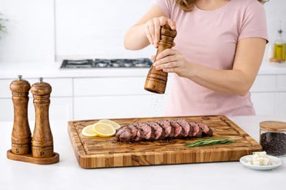 Teak Wood Cutting Board with Salt & Pepper Mill Set For Kitchen - High-End Non Slip Solid Thick Wood Haus Chopping Board with Juice Groove Large Size Best Kitchen Essential House Warming Gift Set