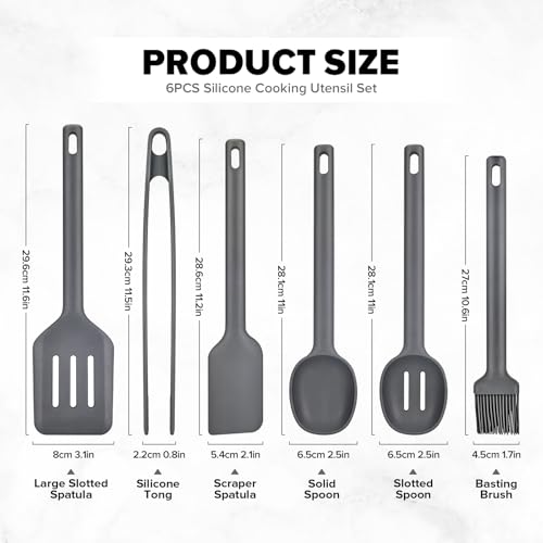 Silicone Kitchen Utensils Set, Heat Resistant Cooking Utensil with Spoon, Scraper, Spatula, Basting Brush & Tongs, BPA-free Non-stick Cookware for Frying, Basting, Serving, Grilling (6 Pack) (GREY) - color: Gray