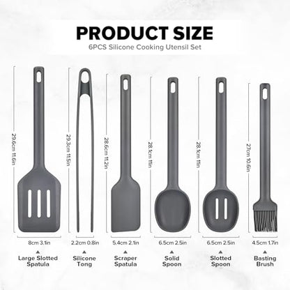 Silicone Kitchen Utensils Set, Heat Resistant Cooking Utensil with Spoon, Scraper, Spatula, Basting Brush & Tongs, BPA-free Non-stick Cookware for Frying, Basting, Serving, Grilling (6 Pack) (GREY) - color: Gray