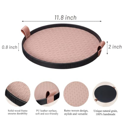 12 Inch Round Ottoman Tray, Woven Leather Decorative Tray,Brown | PU Leather Texture, Smooth Handles, Waterproof Surface, Easy Care Design, Coffee Table Accent, Living Room Home Decor