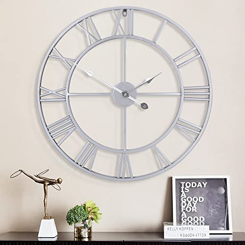 1st owned Large Wall Clock Metal Retro Roman Numeral Clock, Modern Round Wall Clocks Almost Silent, Easy to Read for Living Room/Home/Kitchen/Bedroom/Office/School Decor (Silver, 32 Inch) - color: Silver, size: 32 Inch