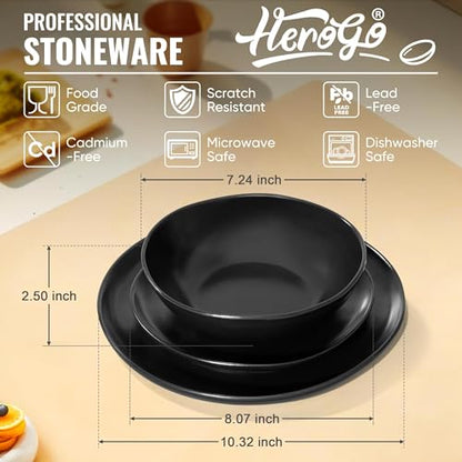 Herogo Stoneware Dinnerware Sets for 6, 18 Piece Ceramic Dinner Dishes Set, Irregular Handmade Plates and Bowls Dishware, Crack and Scratch Resistant, Reactive Glaze,Matte Black - color: Matte Black, size: 6 Set (18pcs)