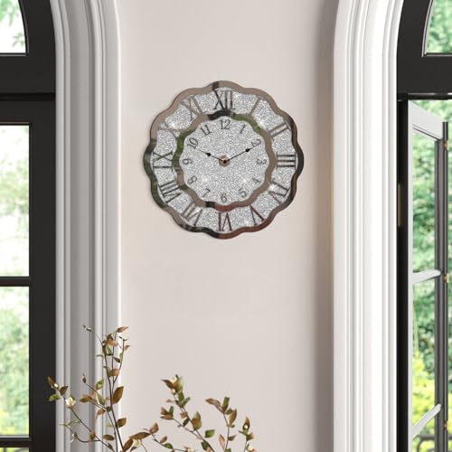 Crushed Diamond Mirrored Wall Clock Silver Modern Crystal Clocks for Bedroom Unique Home Decorative Glass Mirror Hanging Clock for Living Room Office Dining Decor - style: Wave
