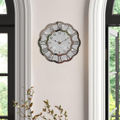 Crushed Diamond Mirrored Wall Clock Silver Modern Crystal Clocks for Bedroom Unique Home Decorative Glass Mirror Hanging Clock for Living Room Office Dining Decor - style: Wave