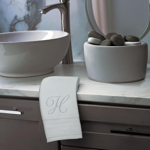 Monogrammed Fingertip Towels, Personalized Gift, 11 x 18 Inches - Set of 4 - Silver Script Embroidery - Extra Absorbent 100% Turkish Cotton- Soft Terry Velour- for Bathroom, Kitchen and Spa- H White - style: Initial H