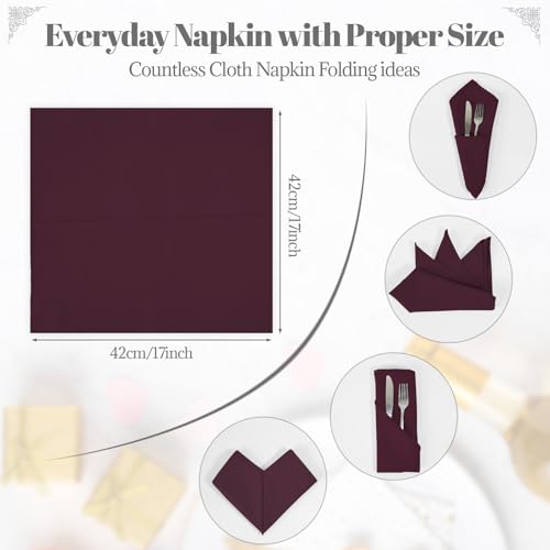 PLOYMONO Burgundy Cloth Napkins - 8 Pack 17" x 17" Polyester Dinner Napkins | Heavy Duty 180 GSM Cloth Napkins with Hemmed Edges - Great for Restaurants, Weddings, Parties, Banquets Dinner - color: Burgundy