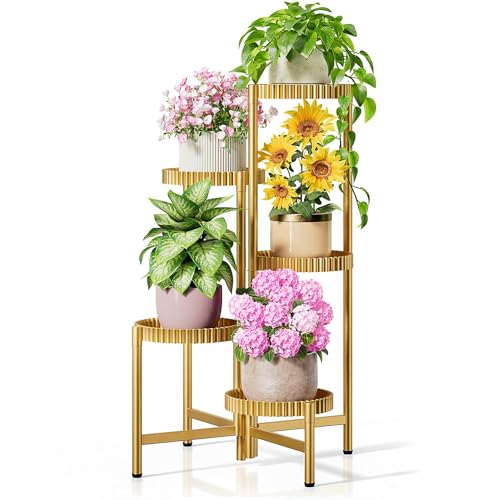 5 Tier Large Plant Stand Indoor, 7.9 Inch Wide Tall Corner Metal Plant Stands Outdoor for Multiple Plants, Foldable Tiered Flower Display Holder Rack Shelf for Patio Porch Balcony -GoldFloroma - color: GoldFloroma, size: 5-tiers