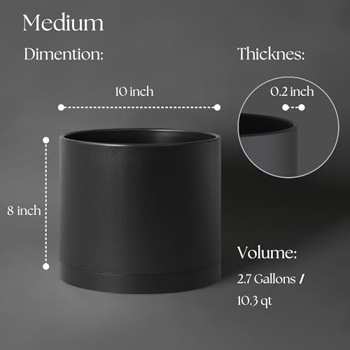 Giraffe Creation 10 Inch Cylinder Plant Pot, Modern Round Planter with Drainage Holes and Saucer, Lightweight Plastic Flower Pot for Indoor Outdoor Plants, Black - color: Black 10 Inch